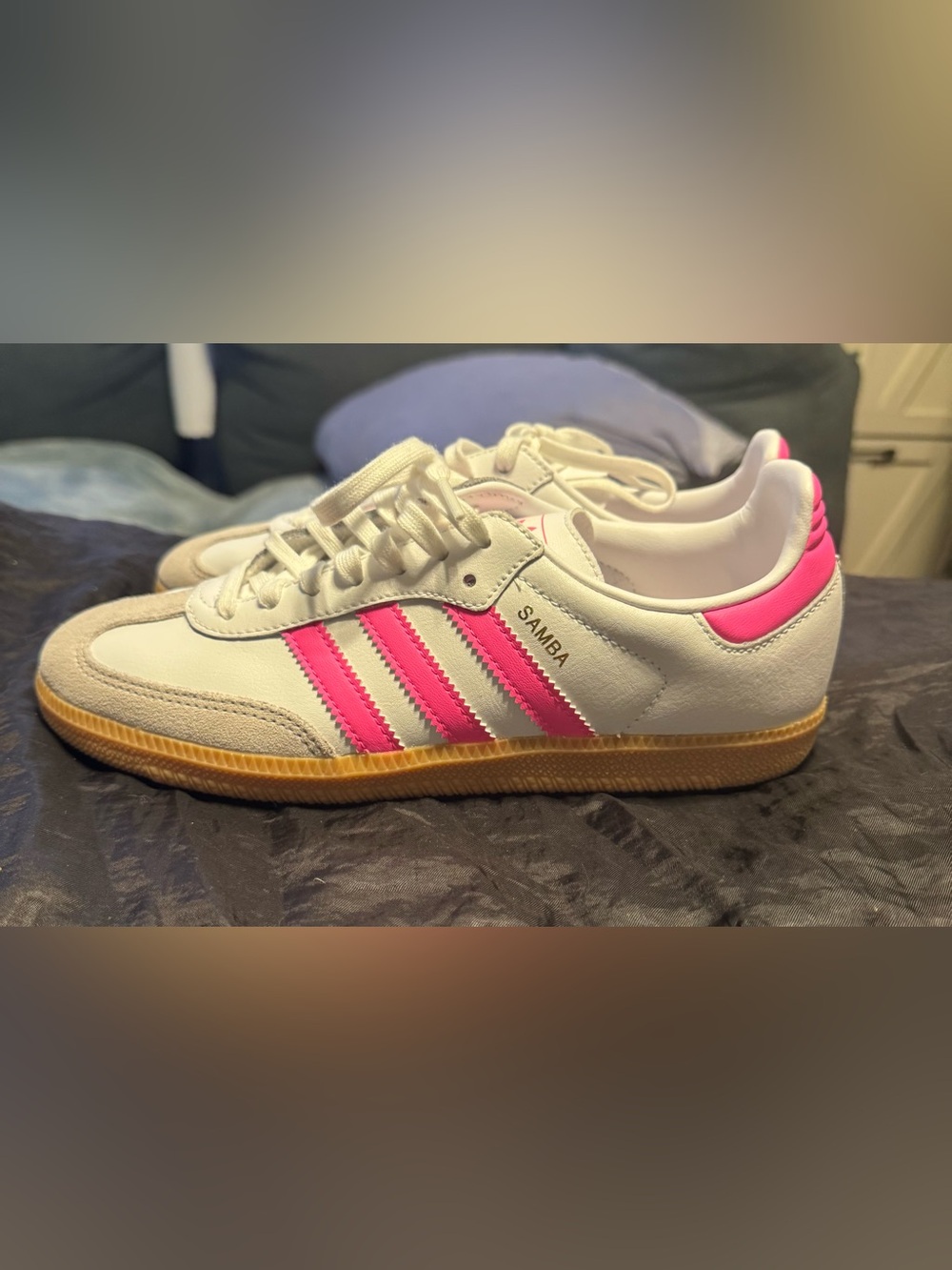 adidas Samba Women’s White Sneakers with Pink Stripes and Gum Sole